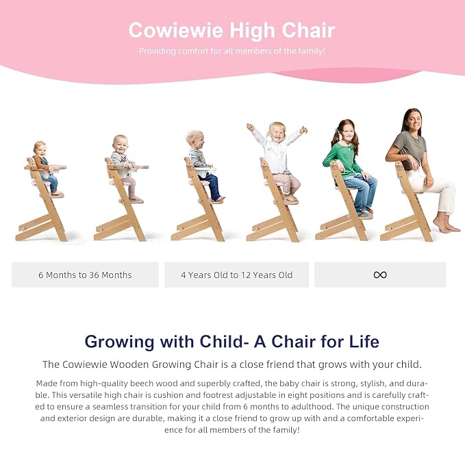 Cowiewie Natural Wooden High Chair for Babies & Toddlers 3-Tier Remove Adjustable Tray and Highchair with Cushions, Easy to Clean, Portable. (Pink)
