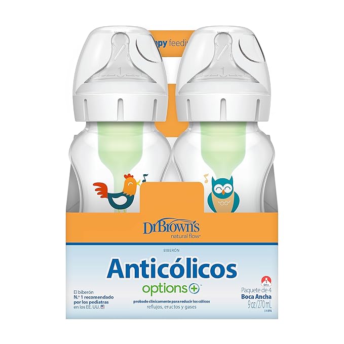 Dr. Brown's Natural Flow Anti-Colic Options+ Wide-Neck Baby Bottles, 9 oz/270 mL, with Level 1 Slow Flow Nipple, 4 Pack Good Morning/Good Night Gift Set