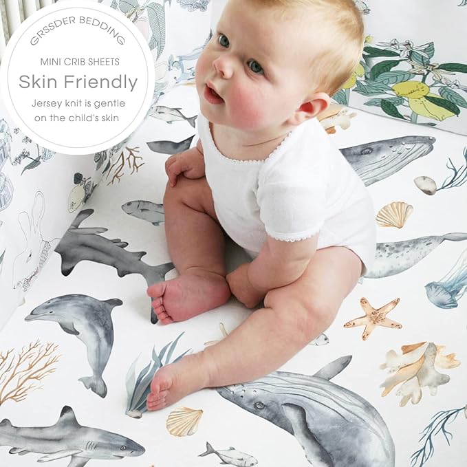 GRSSDER Stretchy Super Soft Jersey Knit Fitted Pack n Play Sheets Set 2 Pack,Portable/Mini Crib Sheets Snug and Safe,Beautiful Marine Organism for Boys and Girls