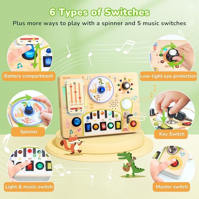 JoyCat Busy Board with Led Light, Toddler Toys for 1 2 3 4 Year Old Boys and Girls, Wooden Sensory Toys with Music, Travel Toy for Toddlers 1-3, Birthday Presents (Yellow)