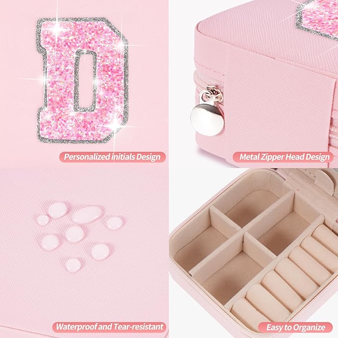 Personalized Jewelry Case for Women Girls - Fashion Mini Jewelry Boxes - Trendy Travel Jewelry Organizer with Initials Letter - Teen Gifts | Pink,D