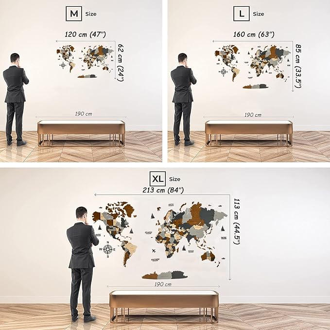 Wooden World Map 3D Art Large Wall Decor - Size (M, L, XL) Any Occasion Gift Idea - Wall Art For Home, Kitchen or Office
