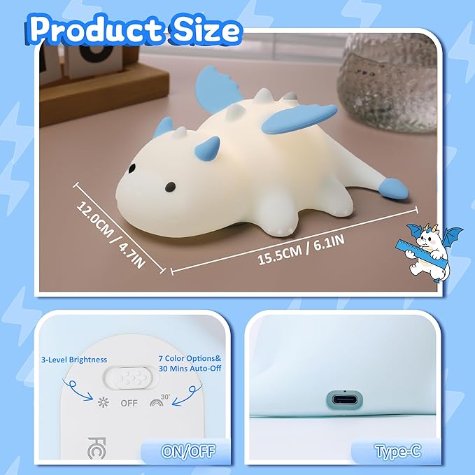 Attivolife Dragon Night Light for Kids, Cute Soft Silicone Touch Lamp with 8 Color & Dimmable & Timer, Portable Nursery Bedroom Bedside Decor LED Light, Birthday Xmas Gifts for Baby Toddler Boy Girl
