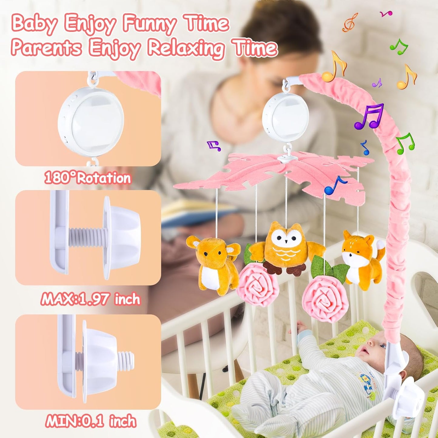 Baby Crib Mobile with Music and Lights, Mobile for Crib with Remote Control, Rotation, Starlight Projection, Crib Toys for Babies Boys Girls(Pink)