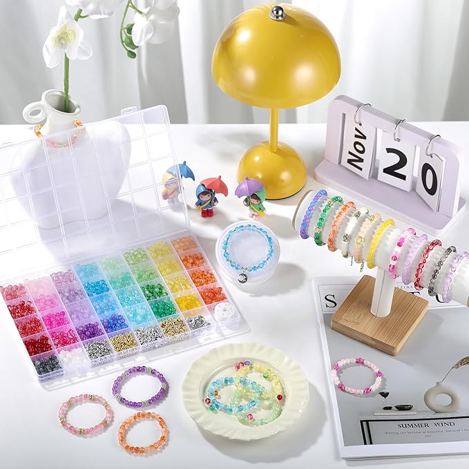 Funtopia Glass Beads for Bracelets 6mm, 1396pcs Bracelet Making Kit 34 Colors Glass Beads for Jewelry Making, Crystal Beads for Bracelets DIY Crafts with Spacer Beads and Charms