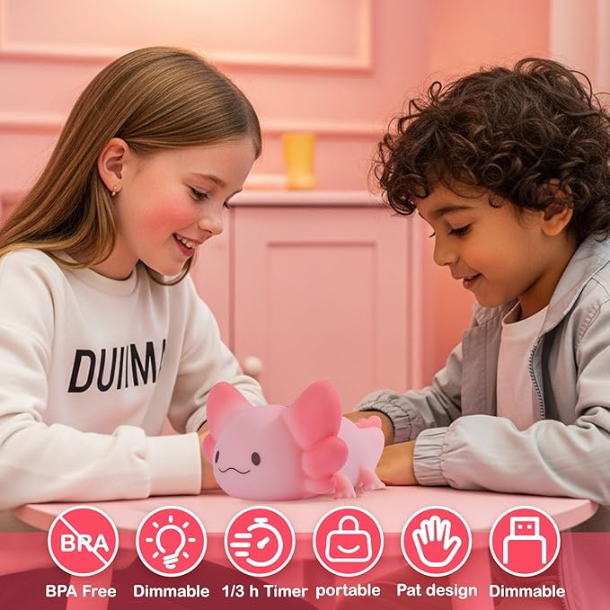 Tremdwoto Axolotl Night Light, 7 Colors Changing Cute Night Light for Kids with Dimmable & Timer,Lovely Rechargeable Novelty Nursery Light,Baby Room Decor,Axolotl Gifts for Girls and Boys
