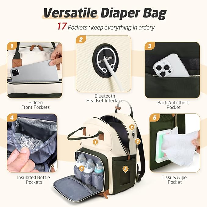 Diaper Bag Backpack - Extra Large Diaper Bag for 2 Kids Twin, Travel Baby Bags for Mom Dad 25-37L Expandable with Changing Pad Earphone Hole, Apricot Green