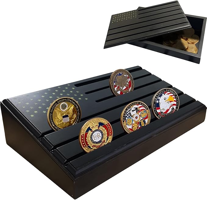 6-Row Military Challenge Coin Display Stand - Challenge Coin Holder with Rustic for Collectors Organize Medals & Memorabilia - Coin Holder for Home, Office, Showcase (Holds 30-36 Coins, American Flag ) (Black) (Black-Storage Box)