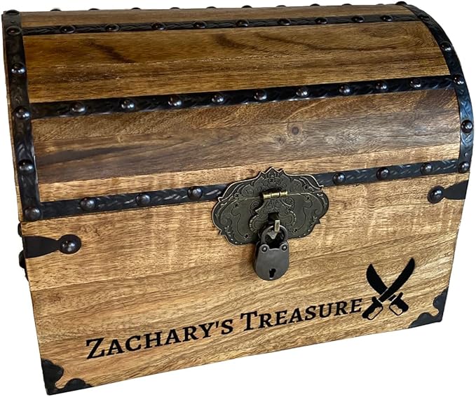 Nautical Cove Personalized Wood Treasure Chest - Pirate Chest with Custom Engraving (Medium 11x8x8) – Decorative Storage Chest, Treasure Box, Wooden Keepsake Box