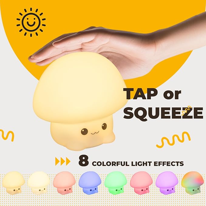 LED Squishy Animal Night Light - 2 Level Dimmable Nursery Lamp for Kids, Rechargeable Touch Lamp, Cute Dorm Decor - Perfect Baby Boys Girls Gift (Cartoon Mushroom)