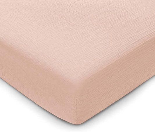 Comfy Cubs 100% Muslin Cotton Fitted Crib Sheet - Soft, Standard & Breathable Crib Sheets for Toddler Mattress - Snug Fit, Secure Elastic with Beautiful Packaging for Boys & Girls - Blush