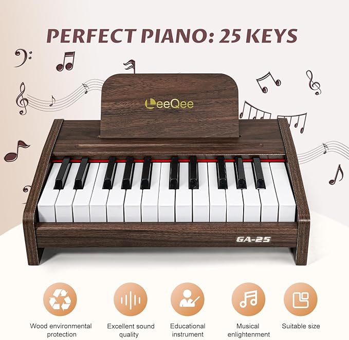LeeQee 25-Key Wooden Electronic Piano Keyboard for Kids - Educational Music Toy with Realistic Sound, Dual Power Supply & Learning Accessories - Perfect Toddler Learning Gift