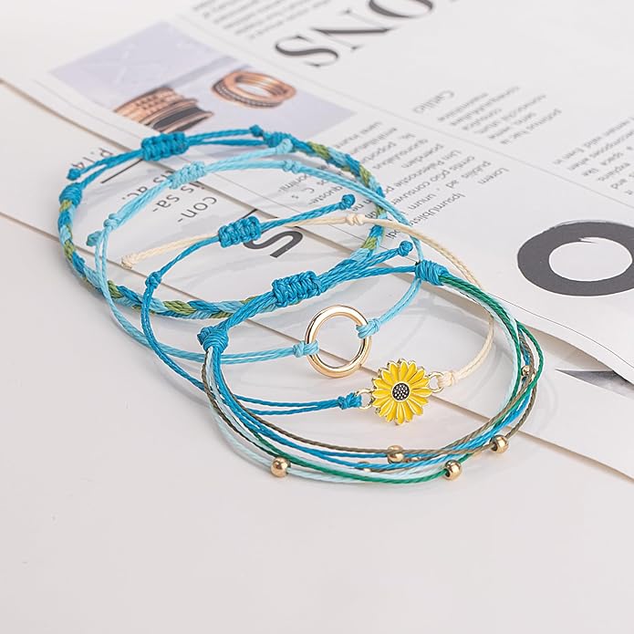 FANCY SHINY Sunflower String Bracelet Boho Braided Rope Wrap Bracelets Cute Summer Beach Surfer Jewelry for Women Christmas Gifts