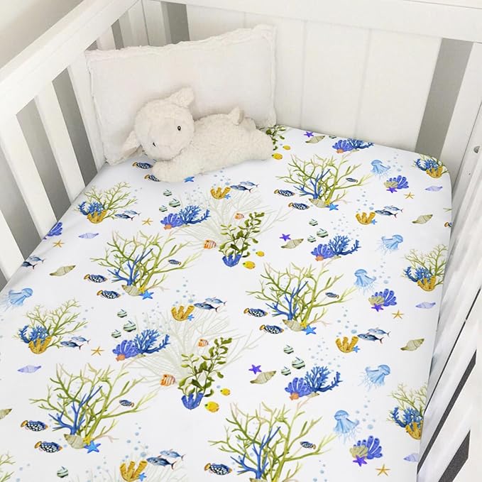 Colorful Undersea Fishes Jellyfish Sea Weeds Baby Crib Sheet 52''x28'' Nautical Life Fitted Crib Mattress Cover for Boy Girl Nursery Toddler Bed Sheets for Standard Crib and Toddler Mattresses