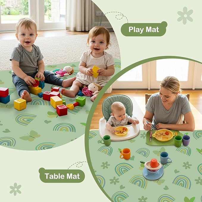 Splat Mat for Under High Chair 42 x 42 Inch Waterproof Baby Splash Mat with Non Slip Bottom Reusable Portable Highchair Mat for Floor Food Catcher for High Chair, Green Rainbow