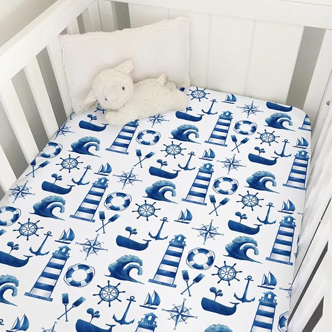 Navy and White Lighthouse Compass Whale Baby Crib Sheet 52''x28'' Nautical Life Fitted Crib Mattress Sheet for Boy Girl Nursery Bed Sheets for Standard Crib and Toddler Mattresses