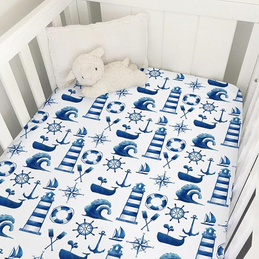 Navy and White Lighthouse Compass Whale Baby Crib Sheet 52''x28'' Nautical Life Fitted Crib Mattress Sheet for Boy Girl Nursery Bed Sheets for Standard Crib and Toddler Mattresses