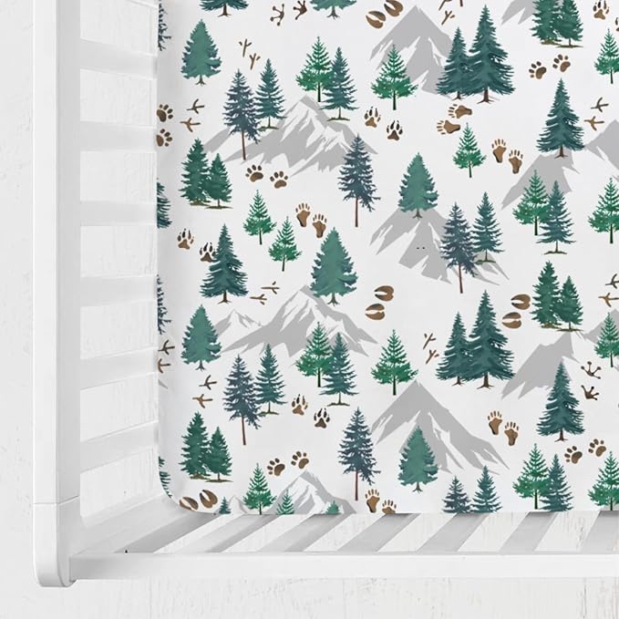 Green Pine Trees Animals Tracks Baby Crib Sheet 52''x28'' Pine Trees Paws Mountain Snug Fitted Crib Mattress Cover for Boy Girl Wildlife Soft Baby Bed Sheets for Standard Crib & Toddler Mattress