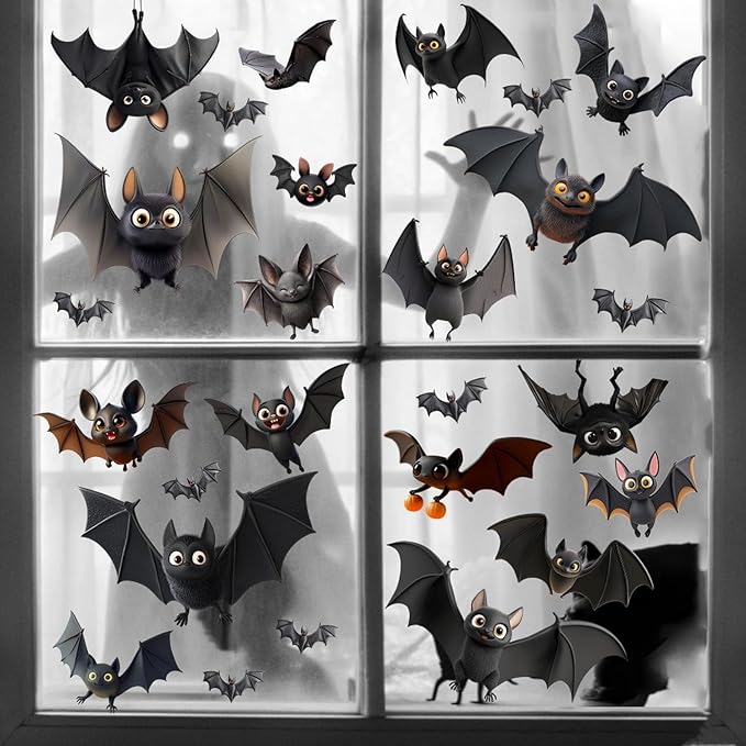 4 Sheets Halloween Decorations Window Clings Decals Cartoon Cute Bats Window Stickers for Glass Double Sided Printed Bat Windows Decal Decor for Home School Office Party Supplies