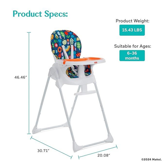 Fisher Price Tiny Bites Baby & Toddler Highchair – Rainbow Sherbert, One-Click Folding, 7 Adjustable Height Levels, 2 Recline Positions, Removable Dishwasher-Safe Tray, Lightweight, Space-Saving