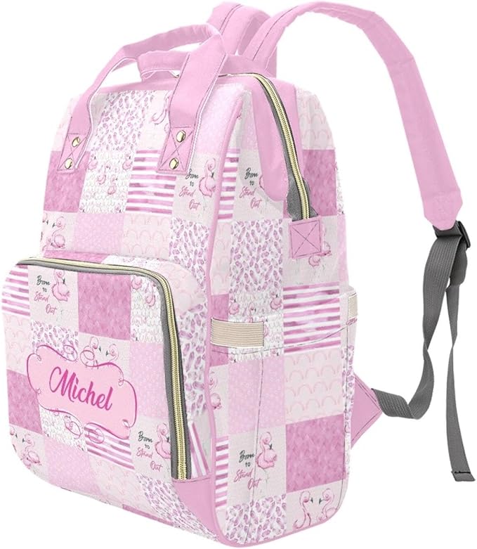 Custom Flamingo Baby Diaper Bag with Name – Personalized Nursing Travel Tote Backpack for Mom or Dad, Custom Name Baby Daypack Gift