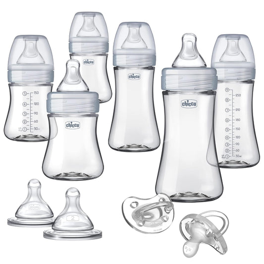 Chicco Duo Deluxe Hybrid Baby Bottle Starter Gift Set with Invinci-Glass Inside and Plastic Outside | Dishwasher, Bottle Warmer, and Electric Sterilizer Safe | Intui-Latch Nipple | Clear/Grey