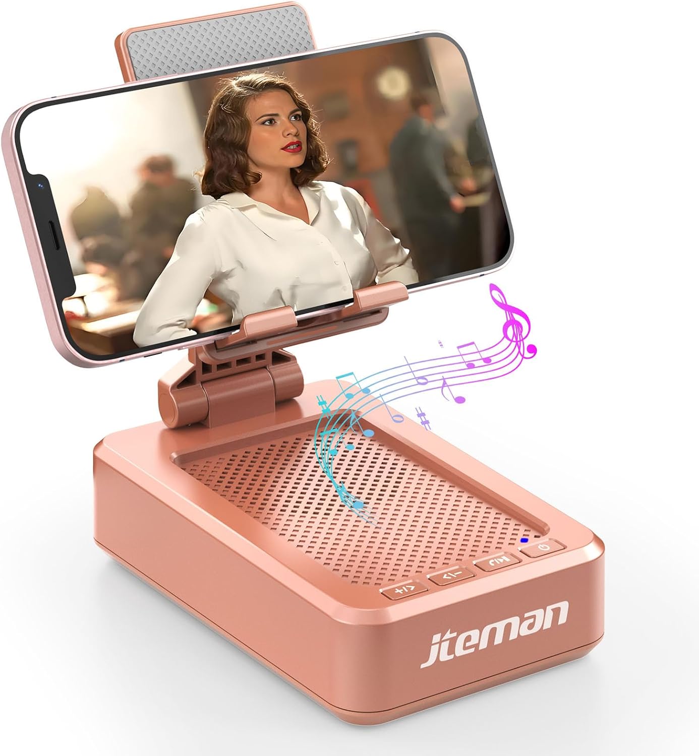 Jteman Portable Phone Stand with Speaker Bluetooth Wireless, Gifts for Women, Birthday Gift, Kitchen Gadget, Phone Holder for Desk - Rose Gold