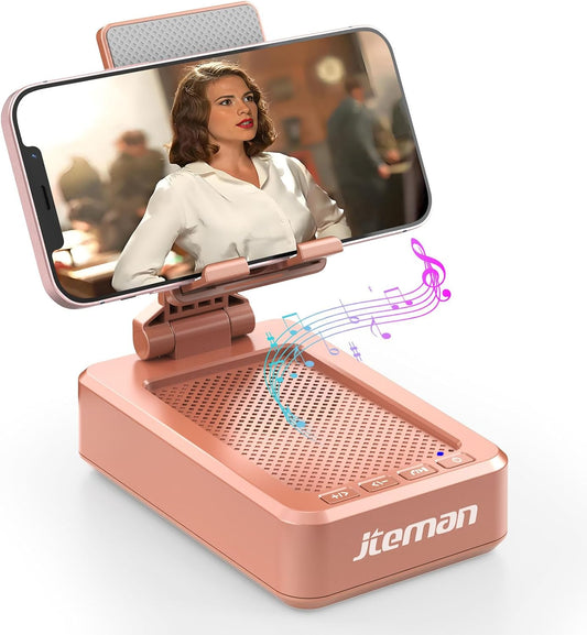 Jteman Portable Phone Stand with Speaker Bluetooth Wireless, Gifts for Women, Birthday Gift, Kitchen Gadget, Phone Holder for Desk - Rose Gold