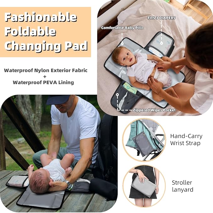 Baby Diaper Bag Backpack with Changing Pad, Pacifier Case, for Boy Girl Toddler - Large, Stylish, Waterproof Travel Quilted Diaper Bag for Mom - Gray/White