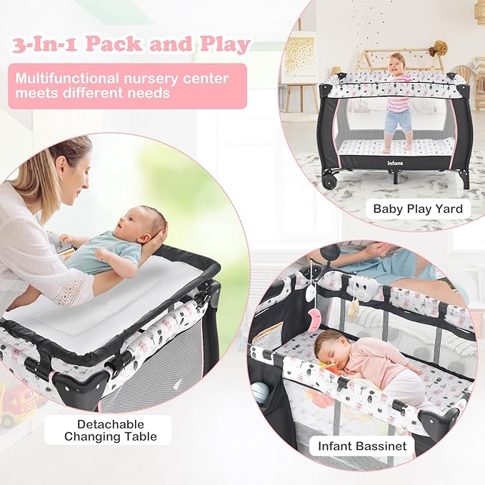 INFANS 3 in 1 Pack and Play, Portable Travel Baby Crib Bassinet with Detachable Mattress, Newborn Changing Table, Foldable Playpen with Carry Bag and 2 Wheels (Cartoon)