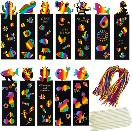 100 Sets Scratch Art Bookmark Making Kit for Kids, Scratch Paper DIY Animal Bookmarks Bulk with 100 Pcs Ribbons and 100 Pcs Wood Stylus for Classroom Activities Crafts Birthday Party Favors