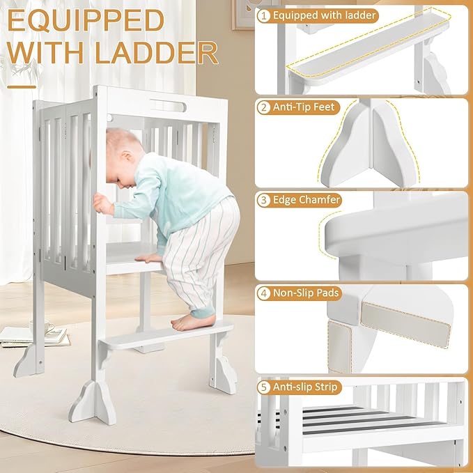 WOOD CITY Kitchen Step Stool Helper - Montessori Foldable Standing Tower for Toddlers with Safety Rail, Height Adjustable Ideal Helper for Learning New Skills, Natural Pure Pine Wood (White)