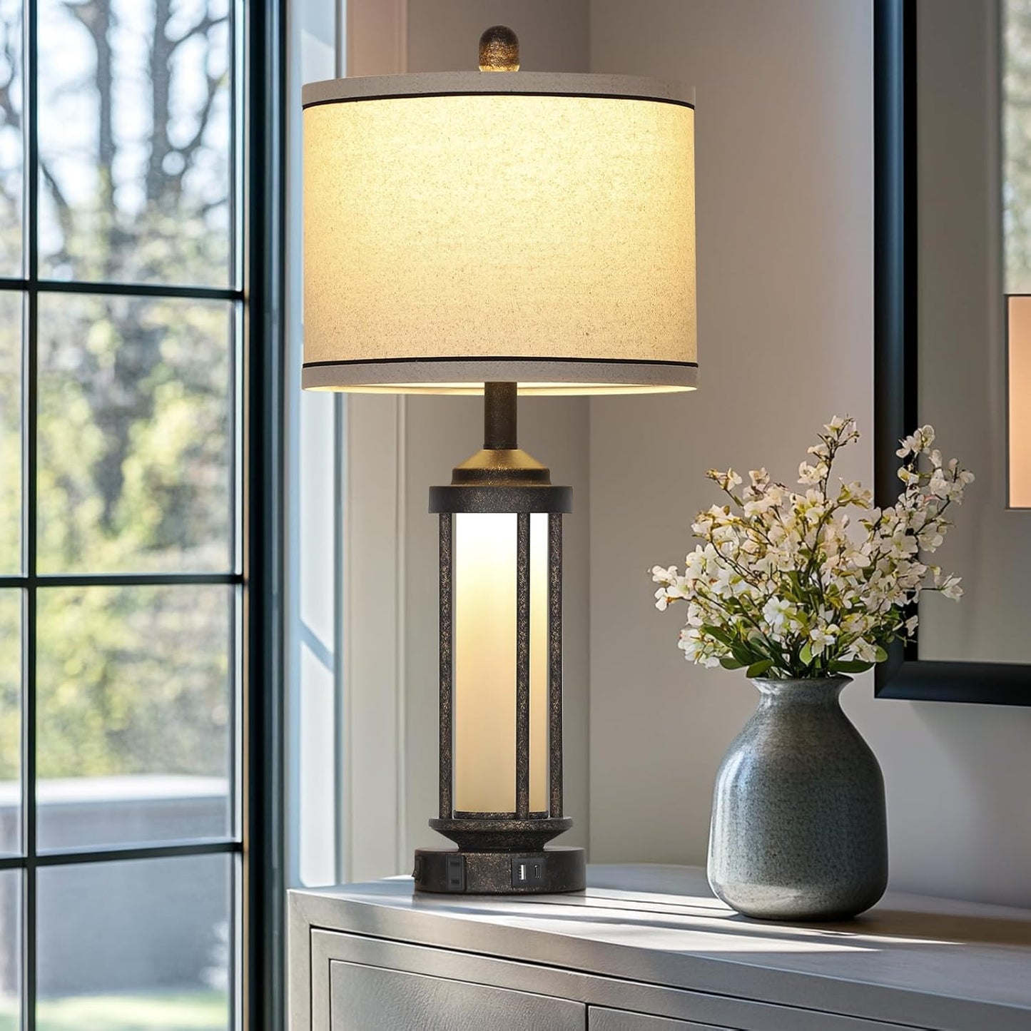 27" Industrial Farmhouse Table Lamp, Vintage Rustic Beside Lamp with USB A+C Charging Ports & AC Outlet, Modern Single Table Lamp with Frosted Glass Night Light for Bedrooms Nightstand Bronze