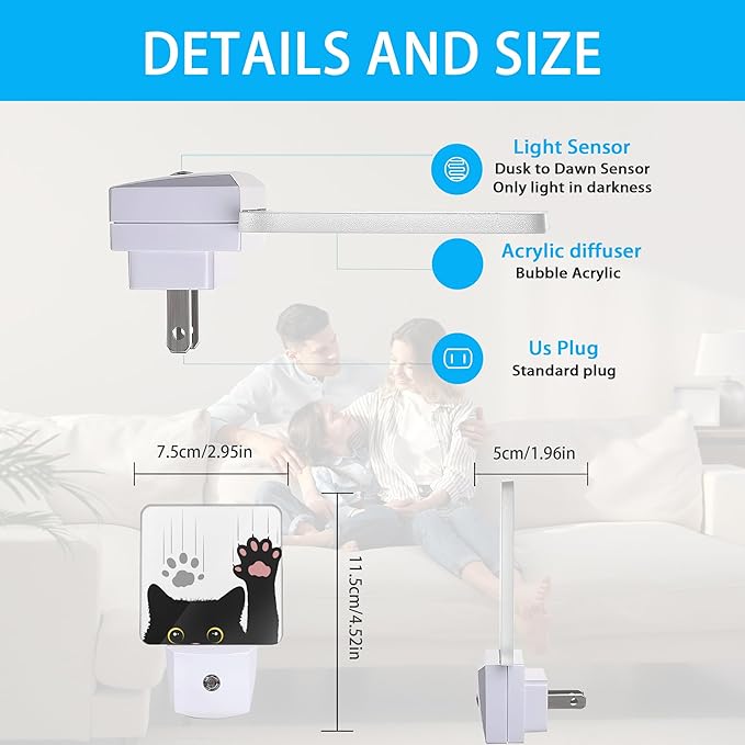 Black Cat Night Light,Cute Funny Cat Night Lights Plug into Wall for Boys Girls, Led Lamp for Stairway/Hallway/Bedroom 0.5W Nightlight Sleep Friendly