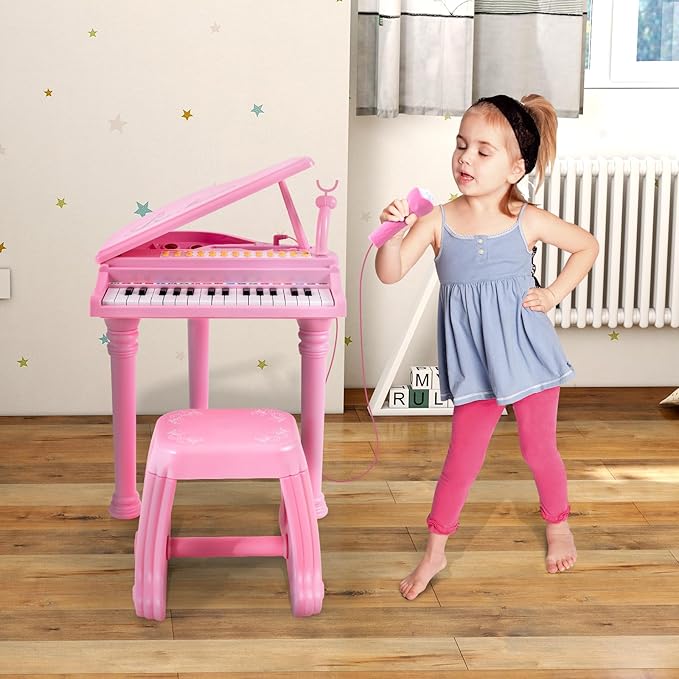 HONEY JOY Classical Kids Mini Grand Piano w/ Music Stand & Stool, Portable Electronic Piano Educational Musical Instrument Toy w/ Microphone, Lights, Gift for Kids (Pink, 31 Keys)