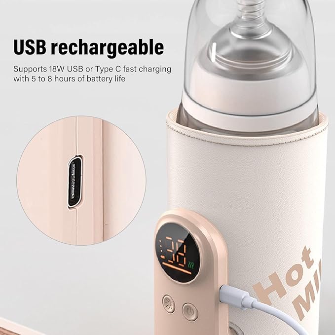 Baby Bottle Warmer, 13cm / 5.1inConstant Temperature USB Rechargeable Portable Bottle Warmer Insulated Sleeve Digital Display Holder for Travel Outdoor Camping