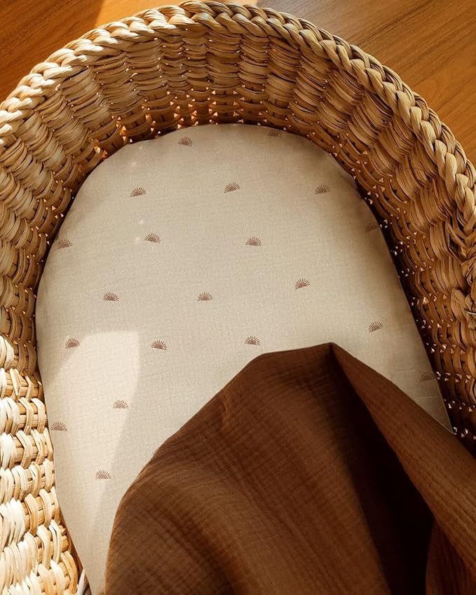 Blissful Diary Muslin Bassinet Sheets for Baby Girls Boys, Boho Soft Cotton Fitted for Oval Hourglass Rectangle Mattress, 2 Pack(Sunshine&Brown)