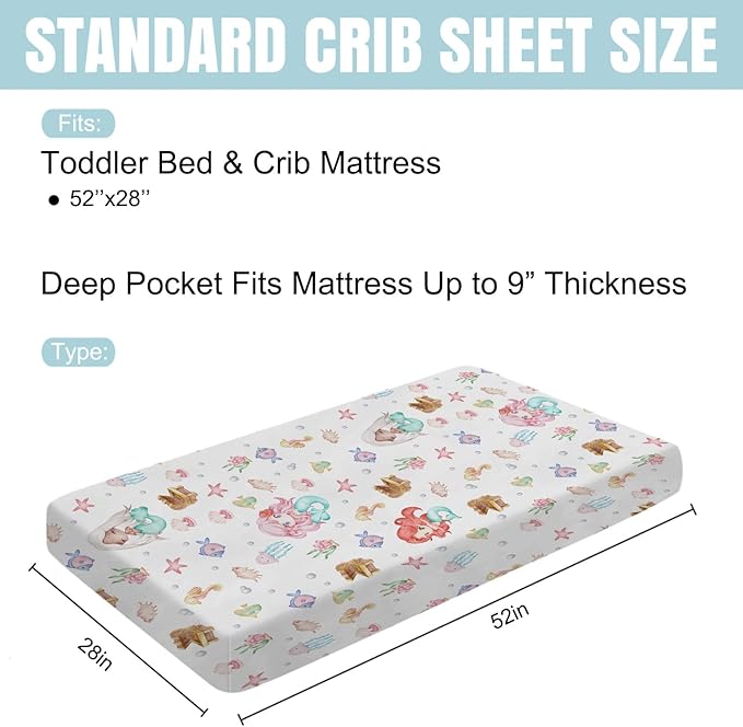 Watercolor Mermaids Baby Crib Sheets 52''x28'' Ocean Animals Fish Sea Horse Jellyfish Conch Coral Stretchy Fitted Crib Mattress Cover for Boy Girl Soft Bed Sheets for Standard Crib Toddler Mattress