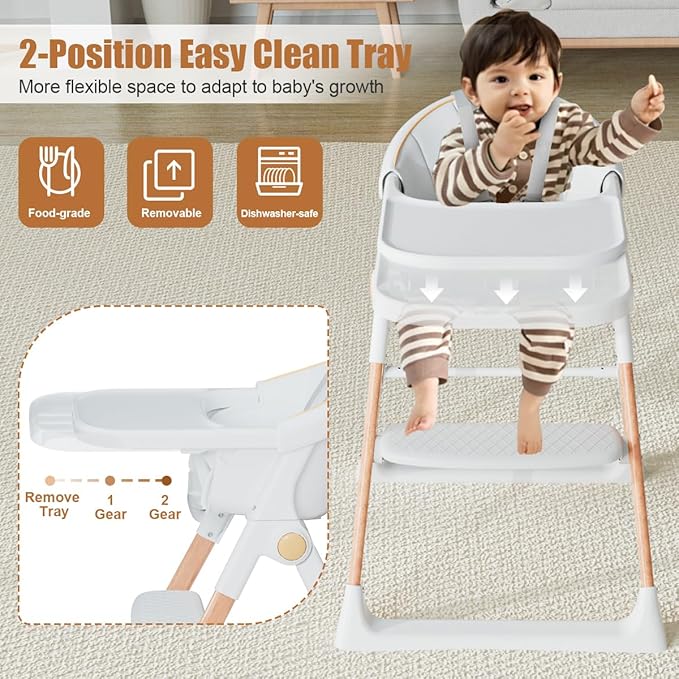 Baby High Chair, High Chairs for Babies and Toddlers, Convertible Folding High Chair with Removable Tray 5 Point Harness Footrest Detachable PU Cushion, Portable Highchair for Baby Toddlers