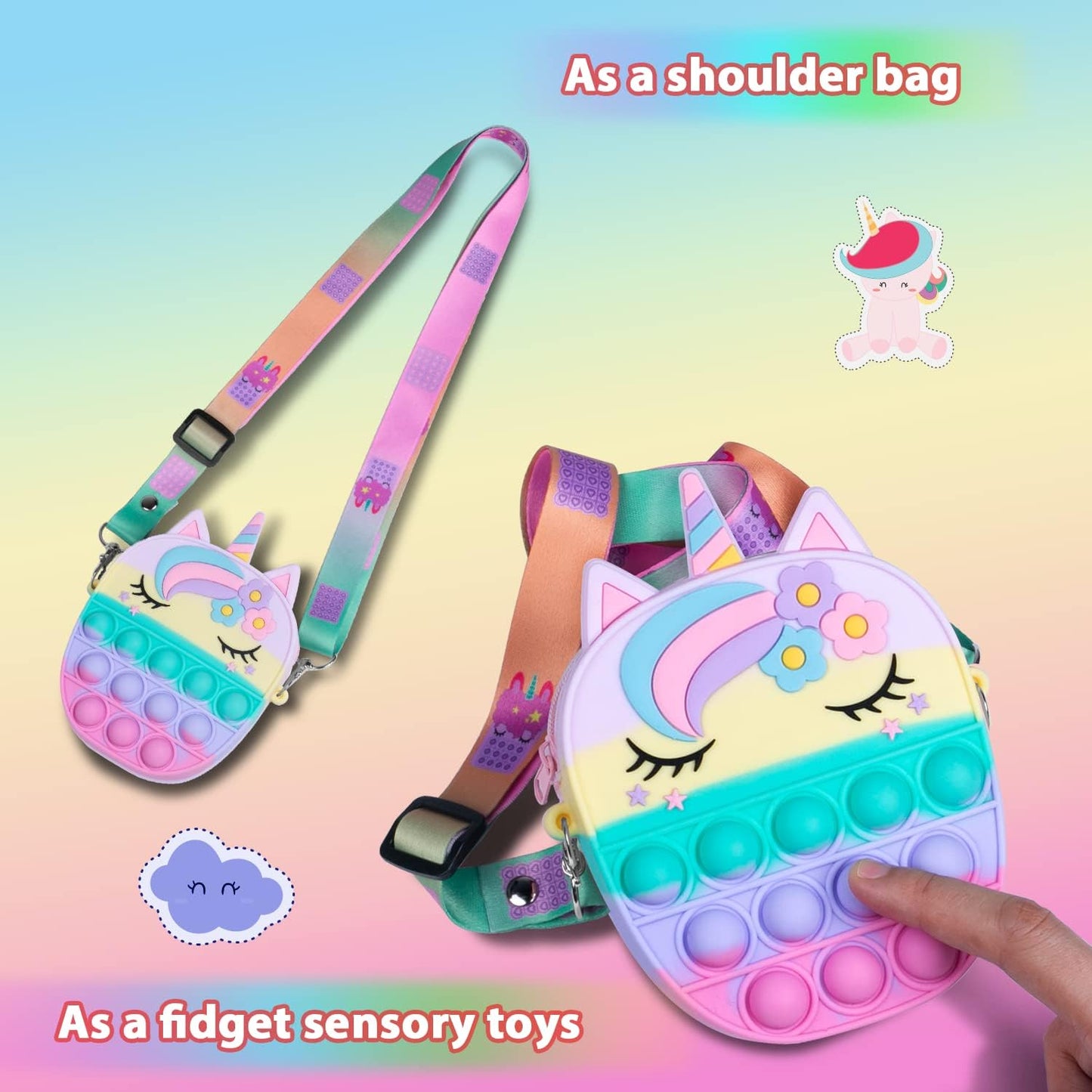 Pop Bag it, Fidget Bag, Pop Purse for Girl and Women Pop Bag with Unicorn Pop Toy, Anti Stress Silicone Poppet Bag Fidget Shoulder Bag, Best Gifts