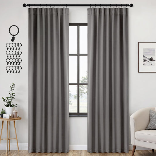 ANRODUO Back Tab Blackout Curtains for Bedroom Living Room, Rod Pocket Pinch Pleated Thermal Insulated Room Darkening Curtains 90 Inches Long 2 Panels, Grey, 42 x 90 Inch