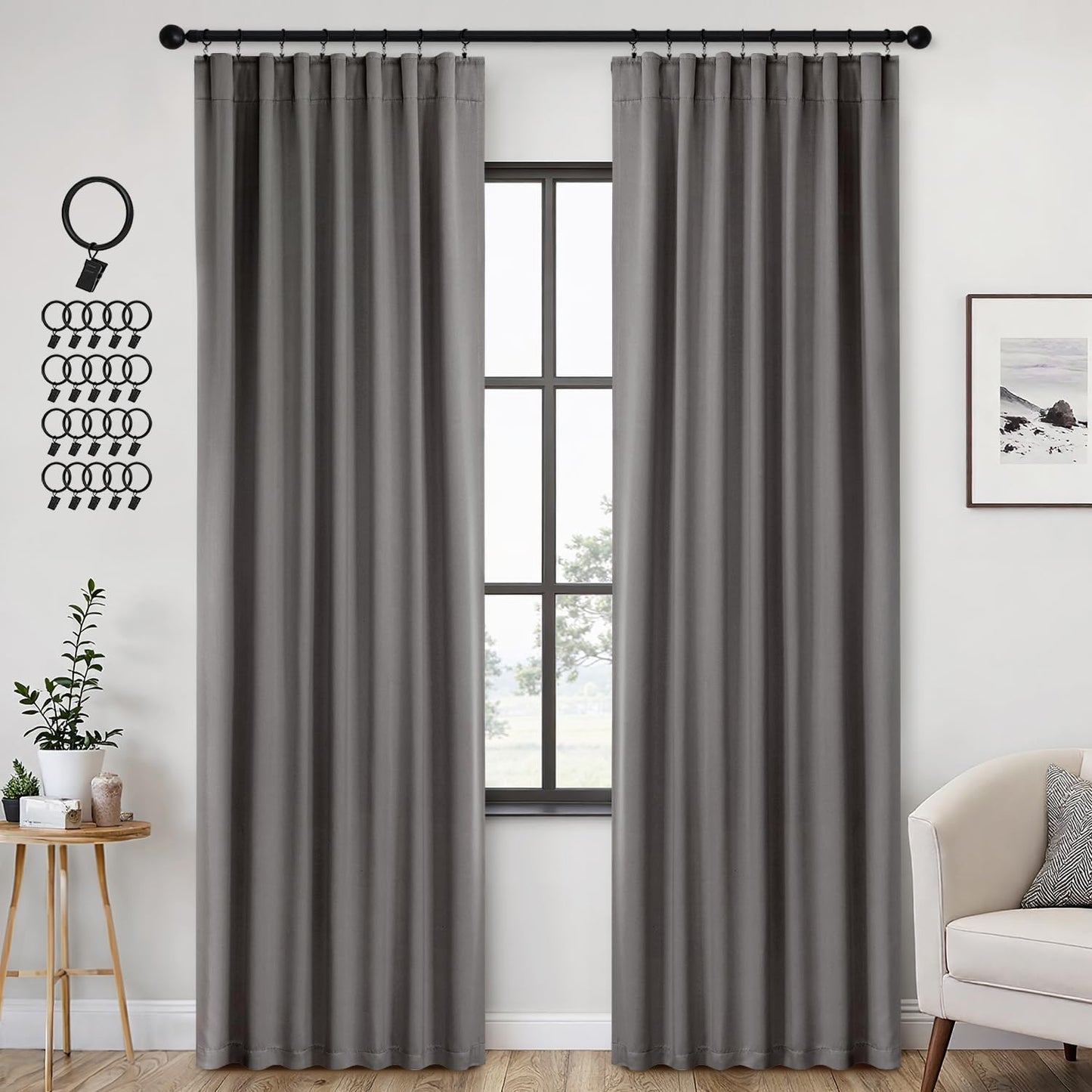 ANRODUO Back Tab Blackout Curtains for Bedroom Living Room, Rod Pocket Pinch Pleated Thermal Insulated Room Darkening Curtains 92 Inches Long 2 Panels, Grey, 42 x 92 Inch
