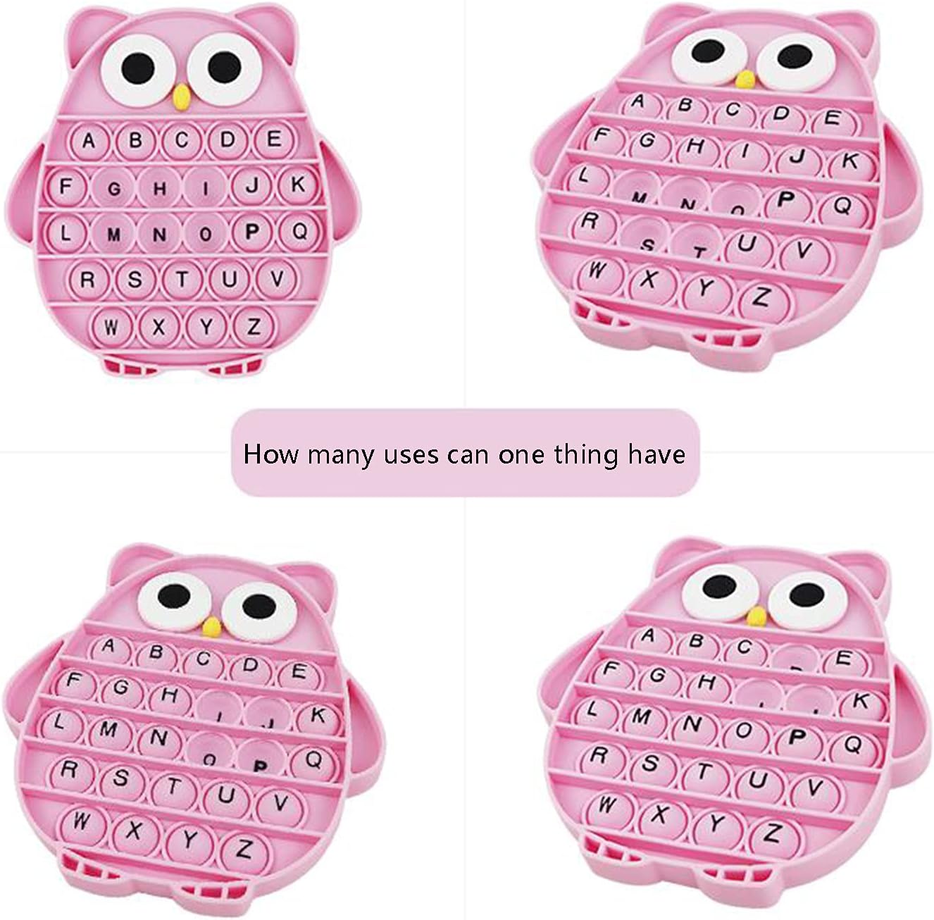 Push Pop Bubble Fidget Sensory Toy, Silicone Stress Relief Popping Toy, ABC Alphabet Owl Shaped Educational Learning Tools for Toddlers Kids Students (Black Letters-Pink)