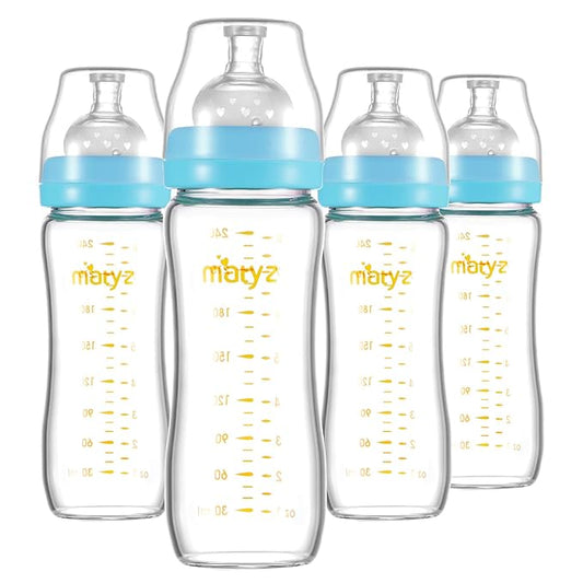 Matyz Glass Breastmilk Baby Feeding Bottle with Nipple, 4 Pack, 8 oz Slim and Light Bottle Easy to Hold, Food Grade Borosilicate Glass, Wide Neck Easy to Clean, No BPA (Blue Lids)