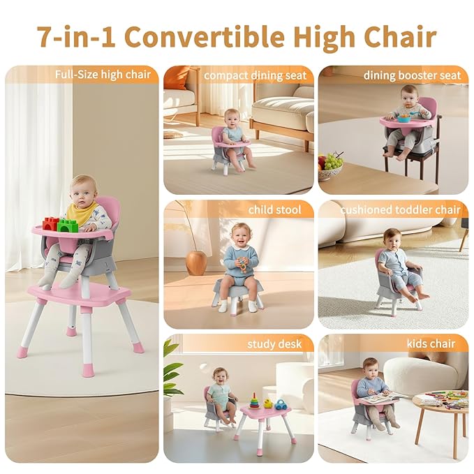 7 in 1 High Chair, Convertible High Chairs for Babies and Toddlers, Infant Dining Booster Seat, Table and Seat Set, Removable Tray, Pink