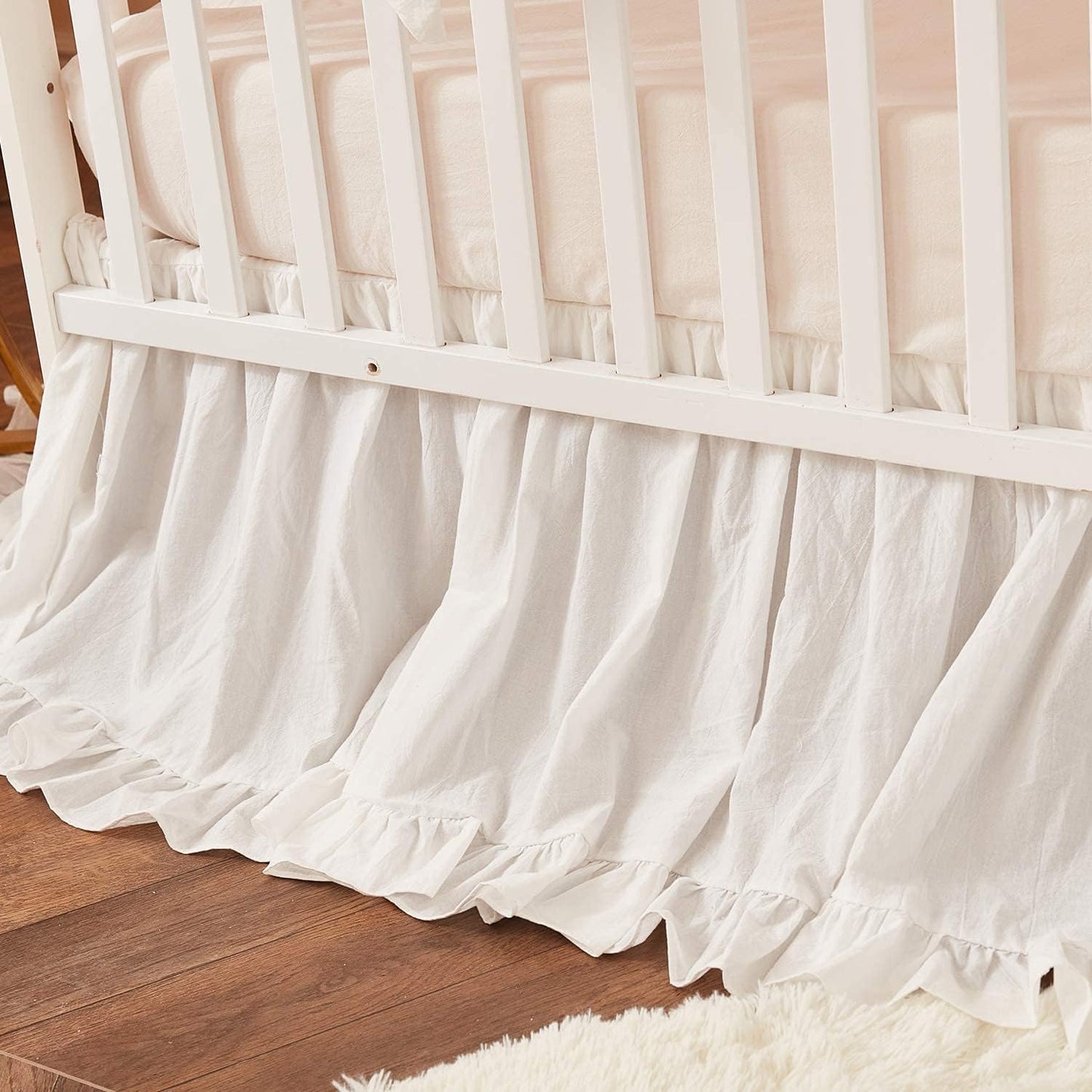 Brandream Baby Crib Bedding Set for Girls Boys Gender Neutral Boho Bohemian Farmhouse Chic Ruffle 6-Piece Nursery Bedding Set - 100% Washed Cotton Cream White