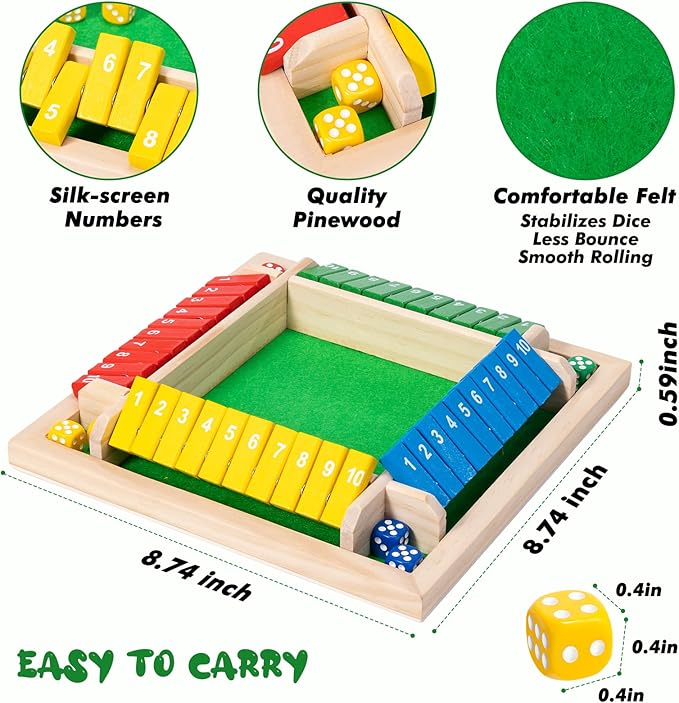 Shut The Box Game, 4-Player Wooden dice Game That's Perfect for Parties and Gatherings. It enhances Math and Decision-Making Skills While Providing Endless Entertainment.