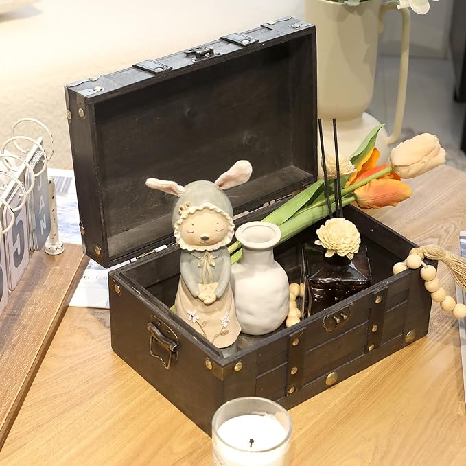 Deluxe Wooden Treasure Chest - 11" x 7.1" x 5.5", Elegant Storage Box with Sturdy Hinged Lid, Vintage-Inspired Decorative Trunk for Keepsakes, Black