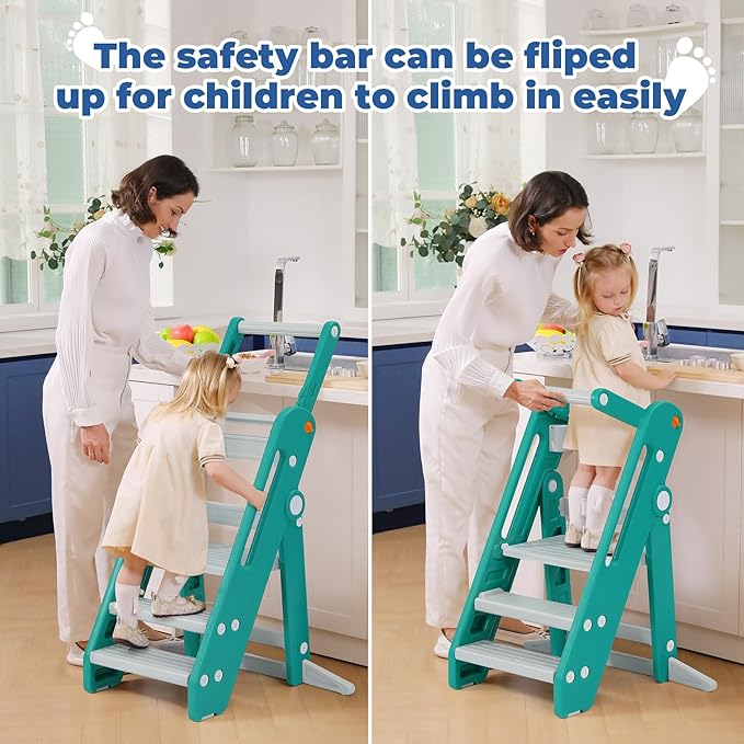 Onasti Toddler Tower Kitchen Stool Helper, Foldable & Adjustable Height Kids Learning Stool for Kitchen Counter Bathroom Sink, Child Ladder for Toddlers with Handles, Safty Rail, Non-Slip Pads - Green