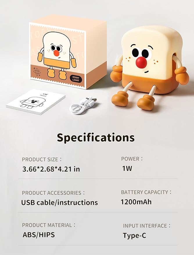 Toast Night Light for Kids, Rechargeable Bedside Lamp, Portable Night Lamps with Phone Holder, Room Decor Sleep Nightlights for Bedroom, Living Room, Desk, Desk Lamp Gifts for Baby Teens Adults